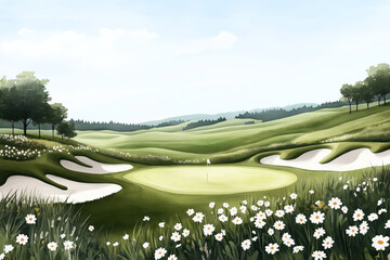 Sticker - Illustration of a golf course with a green, sand bunkers, and fairway, surrounded by trees and flowers under a clear blue sky.