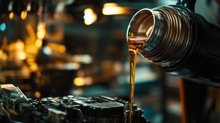 Wall Mural - A close-up of oil being poured into an industrial machine.