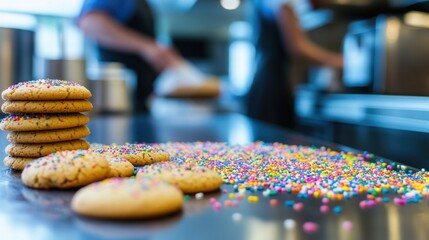 Sticker - A vibrant display of cookies and sprinkles in a bakery setting.