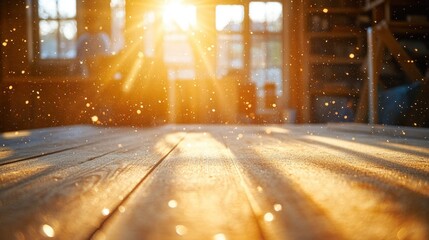 Poster - A sunlit wooden table with dust particles illuminated by warm sunlight.