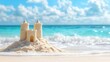 © SETSU 21 - Sandcastle in focus with soft ocean waves in the background, blue sky offering plenty of copy space