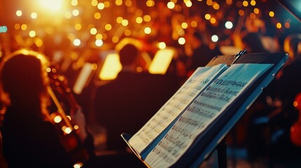 Sticker - A blurred concert scene featuring musicians with sheet music in focus.