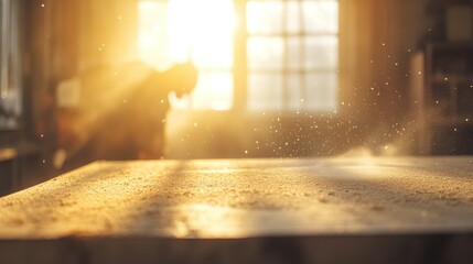 Poster - A sunlit workshop with dust particles floating, highlighting craftsmanship in progress.