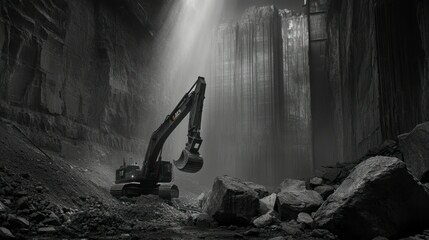 Sticker - A monochrome excavator working in a deep quarry with light streaming through.