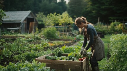 Canvas Print - A woman harvesting vegetables in a garden, surrounded by lush greenery and a shed.