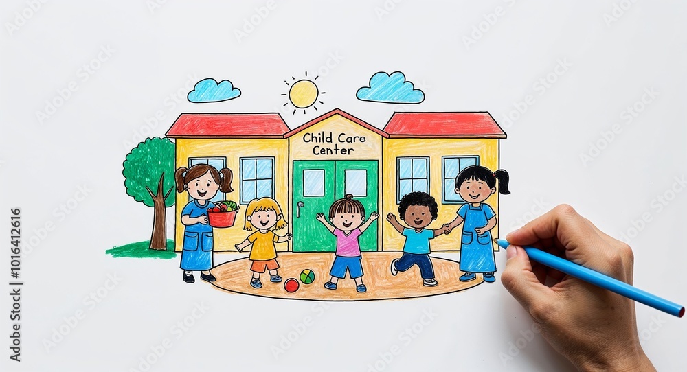 Hand drawing clipart of a child care center with caregivers and kids ...