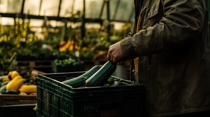 Canvas Print - A person harvesting zucchinis in a greenhouse filled with various plants.