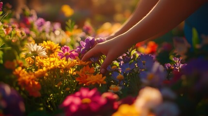 Canvas Print - Hands gently touching vibrant flowers in a sunlit garden.