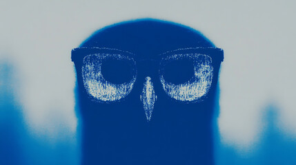 Poster - A close-up of an owl's face with glasses, the image is in shades of blue.