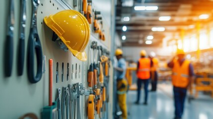 Poster - A workspace with tools and safety gear, highlighting industrial activity and teamwork.