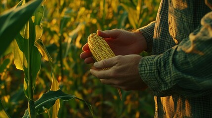 Canvas Print - A person holding an ear of corn in a sunlit field, highlighting agricultural practices.