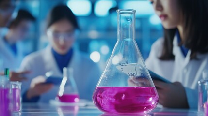 Poster - A laboratory scene with scientists working with pink liquid in a flask.