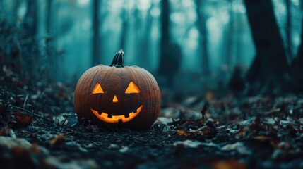 Wall Mural - spooky pumpkin in the woods