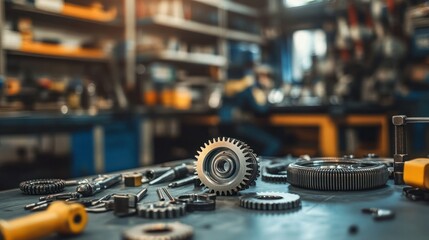 Canvas Print - A workshop scene featuring various mechanical tools and gears on a workbench.