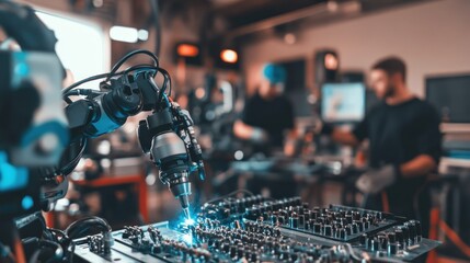 Poster - A robotic arm welding components in a modern industrial workshop.