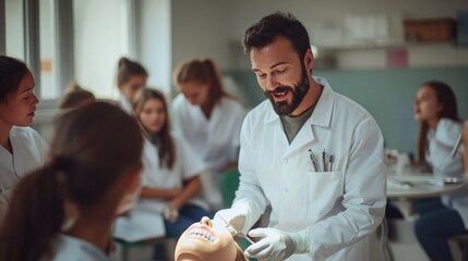 Canvas Print - A medical instructor demonstrates techniques on a practice model to students in a classroom.