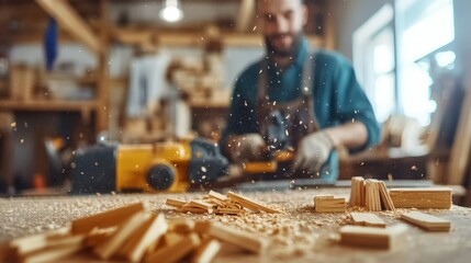 Canvas Print - A craftsman works in a workshop, surrounded by wood shavings and tools.