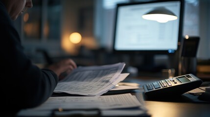 Wall Mural - A person reviewing documents with a calculator and computer in a dimly lit office setting.