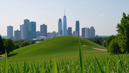 Cityscape behind a verdant hill City Landscape