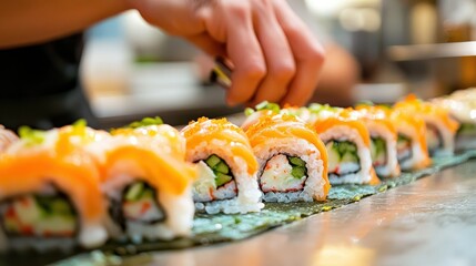 Poster - A chef prepares sushi rolls with vibrant ingredients on a kitchen counter.