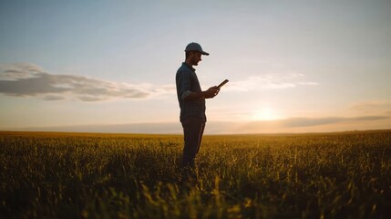 Sticker - A man stands in a field at sunset, using a mobile device, reflecting on nature and technology.