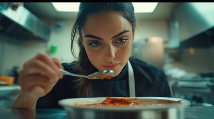 Wall Mural - A focused chef examines a bowl of sauce in a kitchen setting.