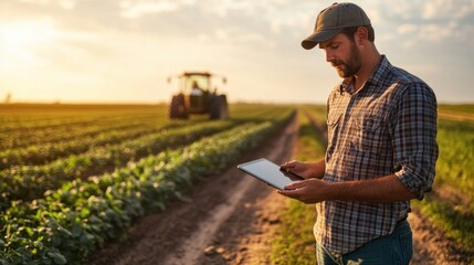 Sticker - A farmer using a tablet in a field with a tractor in the background during sunset.