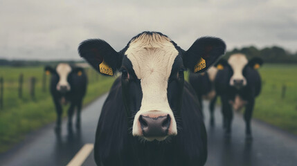 A black and white cow stares intently at the camera, with two other cows in the background.