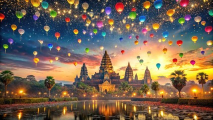 Vibrant scene of colorful lanterns, balloons, and confetti filling the night sky above ancient Angkor Wat temple, celebrating a joyful Happy New Year in Cambodia.