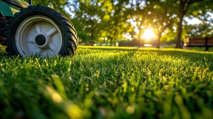 Poster - A close-up of a lawn with a wheel in a park, illuminated by sunlight.