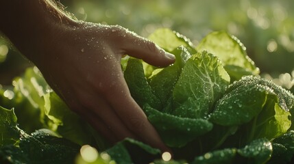 Wall Mural - A hand gently touches fresh lettuce leaves, glistening with morning dew in a garden setting.