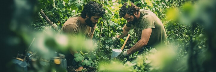 Poster - Two individuals working together in a lush green environment, focused on gardening tasks.