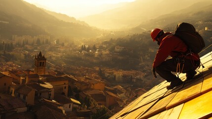 Wall Mural - A climber poised on a rooftop, overlooking a scenic valley at sunset.