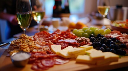 Wall Mural - A beautifully arranged charcuterie board with meats, cheeses, fruits, and drinks for sharing.