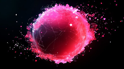 Poster - A glowing pink and red sphere made of connected lines and points with small pieces of the sphere breaking off.