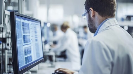 Poster - A scientist working at a computer in a laboratory setting, analyzing data and research.