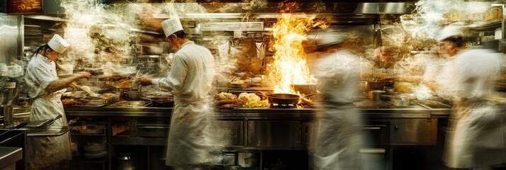 Poster - A busy kitchen scene with chefs preparing food amidst flames and steam.