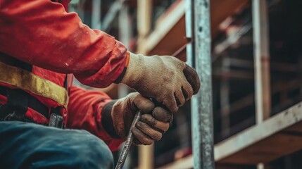 Sticker - Close-up of a worker's hands gripping a tool in an industrial setting.