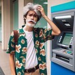 © customer solution - Photo of a tired young man taking money from an ATM