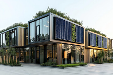 Wall Mural - Modern sustainable building with large glass windows and integrated solar panels on its facade, surrounded by greenery and trees.