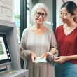 © customer solution - Photo of an old woman taking money from an ATM