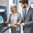 © customer solution - Photo of an old woman taking money from an ATM