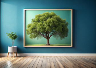 Wall Mural - beautiful framed canvas print of lush green tree in blue room, creating serene and calming atmosphere. vibrant colors enhance rooms decor and bring nature indoors