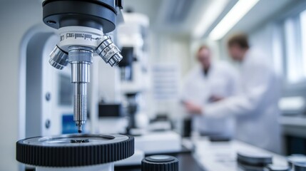 Canvas Print - A laboratory setting with a microscope and researchers in white coats discussing.