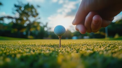 Poster - A hand places a golf ball on a tee in a scenic outdoor setting during sunset.