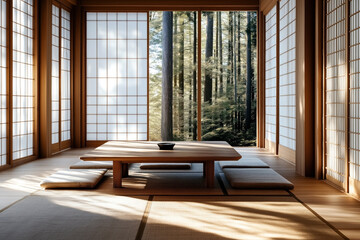 Wall Mural - A minimalist Japanese-style tea room with sliding shoji doors, tatami mats, a low wooden table, and cushions. The room has a view of a serene forest outside.