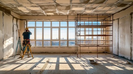 Wall Mural - A construction worker on a ladder in a partially renovated room with scaffolding and large windows.