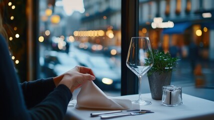 Canvas Print - A cozy restaurant setting with a table set for dining, featuring a glass and a plant.