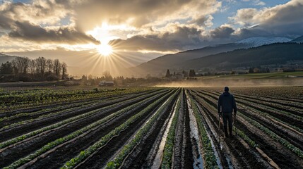 Wall Mural - A person stands in a farm field at sunrise, surrounded by rows of crops and mountains.