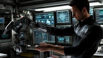 Poster - A man interacts with a robotic arm in a high-tech laboratory setting.